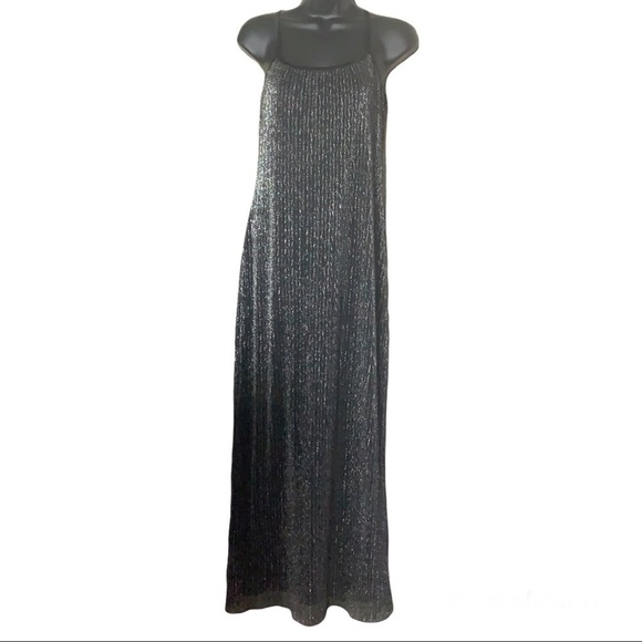 Vintage 🧚‍♀️ black/grey sparkly pleated metallic maxi cocktail dress size L - Picture 1 of 12